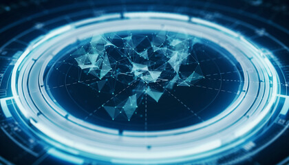 Futuristic Tech Interface: A captivating digital interface showcases an abstract network of interconnected points and lines, simulating data visualization and technological advancement. 