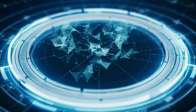 Futuristic Tech Interface: A captivating digital interface showcases an abstract network of interconnected points and lines, simulating data visualization and technological advancement. 