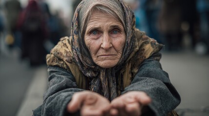 Fototapeta premium Elderly Woman Sitting on Street Corner with Hands Outstretched Seeking Assistance and Compassion from Passersby