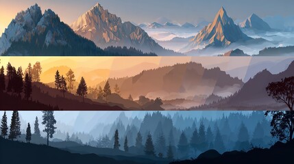 A set of mountain vector landscapes in a flat style
