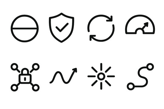 Digital Resilience Icons. Resilient digital operations symbols linear icon set: stability circle, protection shield, redundancy loop, performance arc, secure node cluster