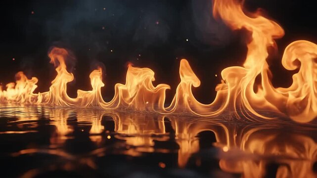 Vibrant orange fire burning low across a dark surface with water reflection and smoke