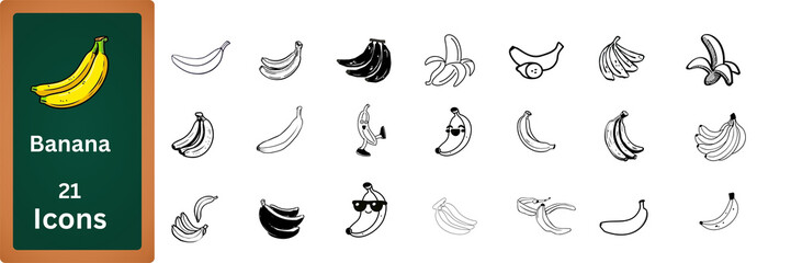 Collection of diverse banana icons in various styles and forms isolated on transparent background