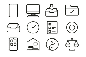 Minimalist Digital Icons. Digital Minimalism linear icon set. simplified phone, clean desktop, declutter box, folder with checkmark, empty inbox, clock, to-do list, neutral palette