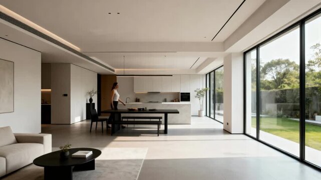 Medium shot focused on minimalist installation with open plan layout integrating natural light and uncluttered spaces for a sleek contemporary feel.