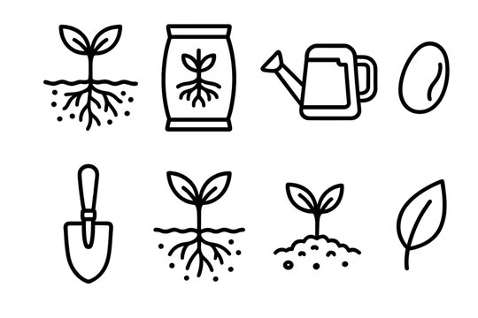 Botanical Gardening Icons. Root and soil concept linear icon set: plant root, soil layer, fertilizer bag, watering can, seed, shovel, sprout, leaf , clean botanical lines with