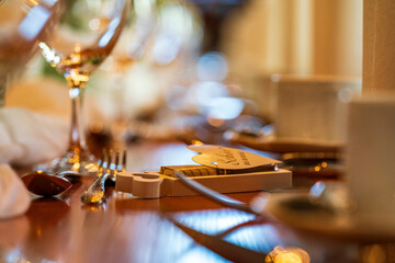The wedding table in close up view with bokeh background