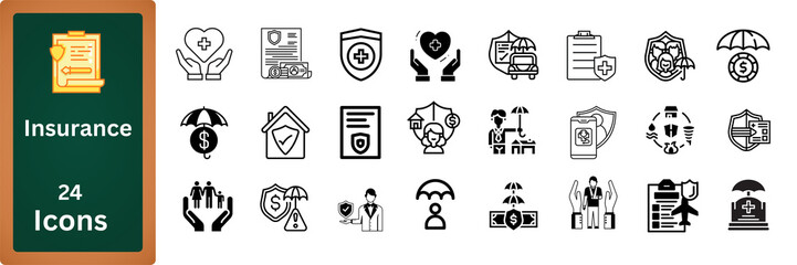Collection of insurance and protection related line art icons representing various aspects of security and safety isolated on transparent background