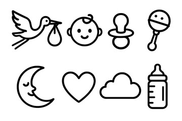 Newborn Icons Collection. Newborn arrival concept linear icon set: stork with bundle, baby face, pacifier, rattle, moon, heart, cloud, baby bottle