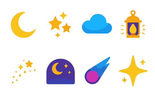 Magical Night Icons. Magical Night Icons set flat icons set. crescent moon, star cluster, cloud, lantern glow, sparkle trail, night horizon, comet streak, shining star