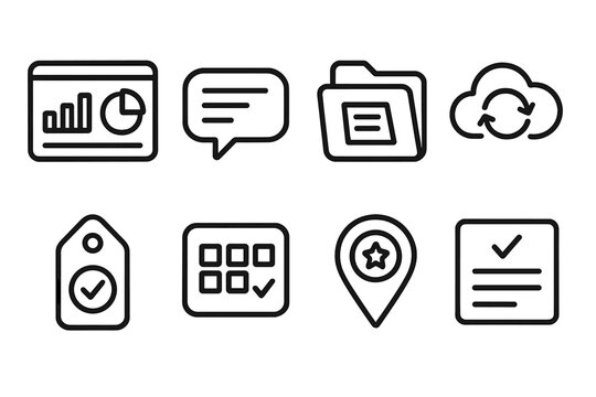 Productivity Tools Icons. Productivity Tools Ecosystem Apps linear icon set: dashboard screen, chat window, file folder, cloud sync icon, reminder tag, habit tracker, goal marker