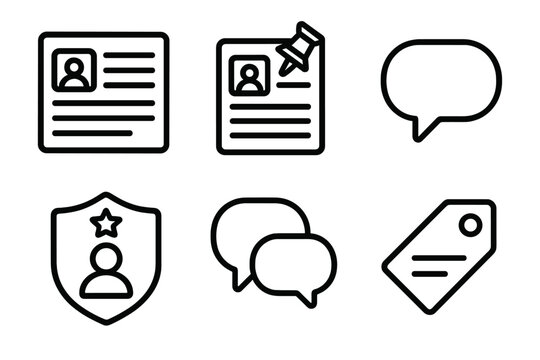 Forum Icon Set. Online Forum linear icon set. message board, pinned post, comment icon, moderator badge, reply thread, topic tag.