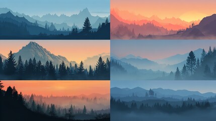 A set of mountain vector landscapes in a flat style