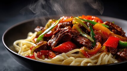 Authentic Xinjiang Lagman noodles, hand-pulled noodles with stir-fried beef, bell peppers, tomatoes, carrots, onions, and chili, rich glossy sauce, vibrant colors