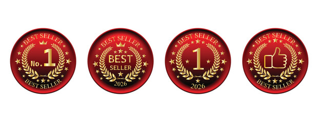 Luxury Best Seller Red Gold Badges Set. A collection of elegant 3D metallic red and gold vector badges for "Best Seller" and "No. 1" awards