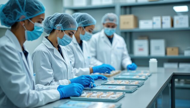 Scientists in sterile lab coats and masks meticulously package small products on trays. They work in a clean laboratory setting with shelves of supplies and boxes in background. Teamwork is evident.