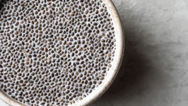 A top view of chia pudding in a ceramic bowl highlights the nutritious and trendy superfood breakfast. The image emphasizes simplicity, wellness, and modern plant based eating habits