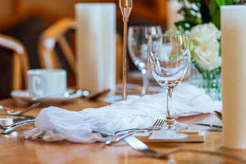 The wedding table in close up view with bokeh background