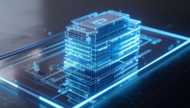 Cyber Building: A futuristic, sleek skyscraper design pulses with digital energy. It represents an innovative vision of architecture, modern technology and urban landscape.