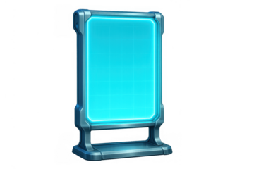 Futuristic digital screen display with glowing blue grid interface standing on a transparent background