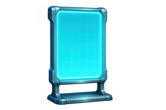 Futuristic digital screen display with glowing blue grid interface standing on a transparent background - Powered by Adobe