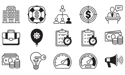 Business and Finance Icons Set: Management, Strategy, Time, Money, and Success