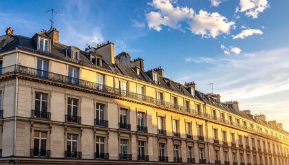 Parisian Architecture With Classic Style Facade Against Blue Sky In Warm Sunlight, Beige Walls, Windows, Roof Elements and Decorative Balconies