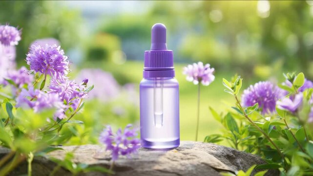 Bakuchiol serum bottle in natural setting for skincare design with blooming purple flowers, displayed on rock outdoors under sunlight, botanical anti-aging organic cosmetic scene