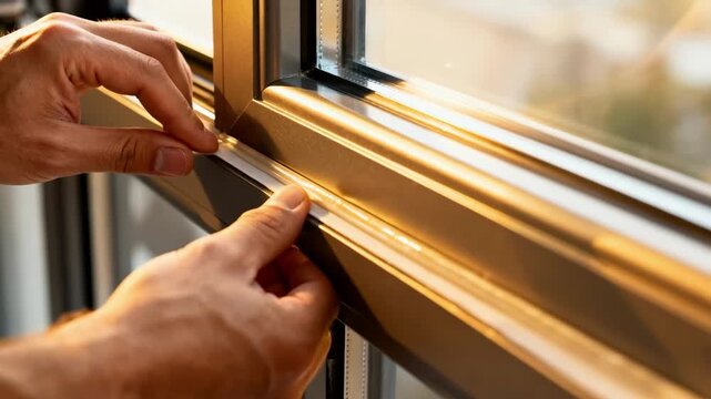 Closeup of hands applying weatherproof seals around modern window units being installed ensuring durability and improved insulation