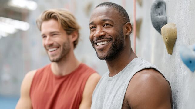 Friends enjoying laughter and bonding in a climbing gym setting