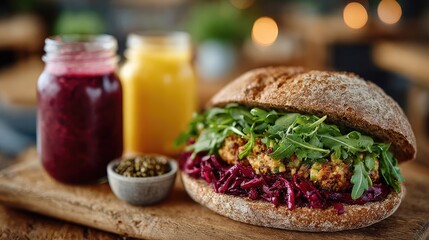 Vegan Sandwich with Fresh Juice: Rustic Lunch Setting Featuring Fresh Ingredients and Flavors