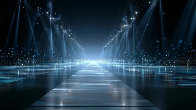 A sleek, digital runway bathed in vibrant blue light beams and sparkling particles, suggesting a cutting edge event or fashion show. The scene radiates advanced technology and creative energy