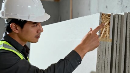 Construction professional inspecting fireresistant gypsum board on site emphasizing its specialized fibers and protective coating in a controlled environment
