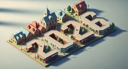 Isometric view of a miniature town forming the digits of the year twenty twenty six on a flat surface