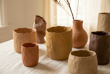 Rustic Handmade Clay Pottery Collection in Natural Light