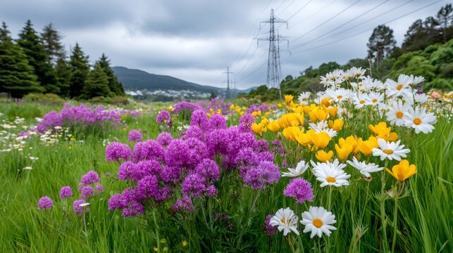 Colorful wildflowers blooming in a field with power lines