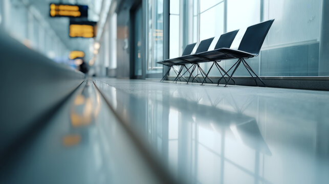 Modern airport terminal with flight information display reflected on glossy floor and empty chairs