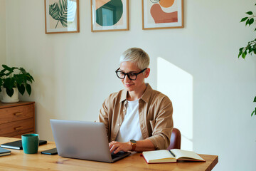 Adult woman working on laptop at desk in modern office, wearing glasses, short gray hair, focused on screen, notebook and smartphone on table, framed art on wall
