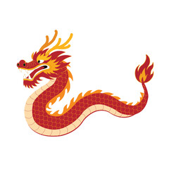 Fototapeta premium A vibrant Chinese dragon in an illustration style. Its body is long and curved, covered in red scales. Its head has horns, sharp teeth, and an open mouth. Flames blaze at the end of its tail.