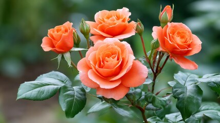 Fototapeta premium Orange roses blooming in a spring garden