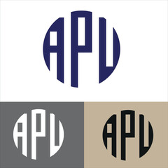 Clean, minimalist circular monogram featuring initials APU with strong vertical lines. Versatile vector logo for digital services and professional identity.