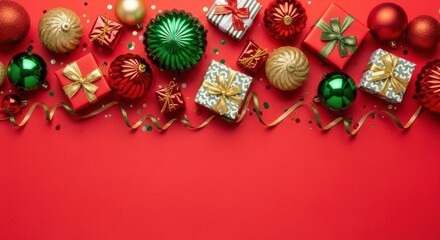 A vibrant holiday arrangement of red, green, and gold Christmas baubles, beautifully wrapped gift boxes with ribbons, and shimmering confetti in a festive top-down composition