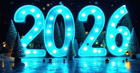 Bright illuminated numbers display year 2026. Snowy landscape, festive lights create winter holiday mood. Dark background enhances glow.