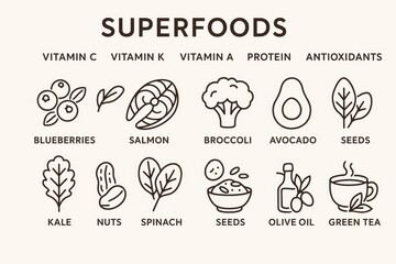 Superfoods illustration with healthy foods rich in vitamins and nutrients