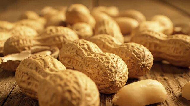 A close view of peanuts on rustic wood highlights golden tones and detail. Natural light and shallow focus create depth with earthy warm mood. ai generated