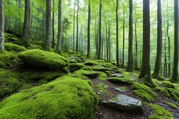 Obraz premium Forest path winding through moss covered rocks and trees