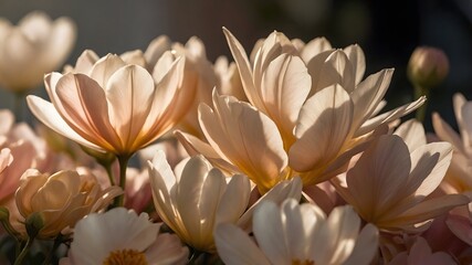 Soft pastel flowers with warm sunlight, delicate blooming petals close-up floral background
