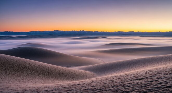Frosted rolling hills with low fog at dawn under a clear sky