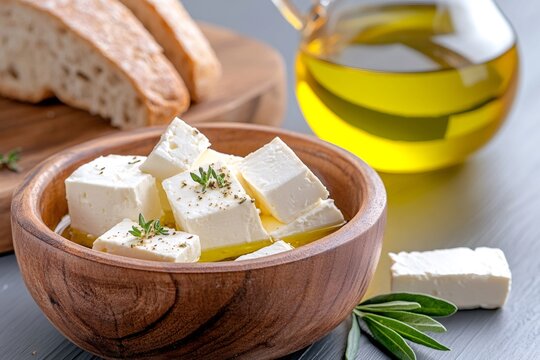 Feta cheese cubes with olive oil and thyme