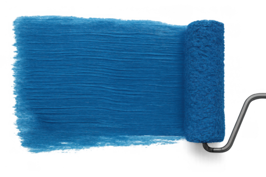 Blue paint roller painting a textured streak, representing renovation, home improvement, and do-it-yourself projects on a transparent background
